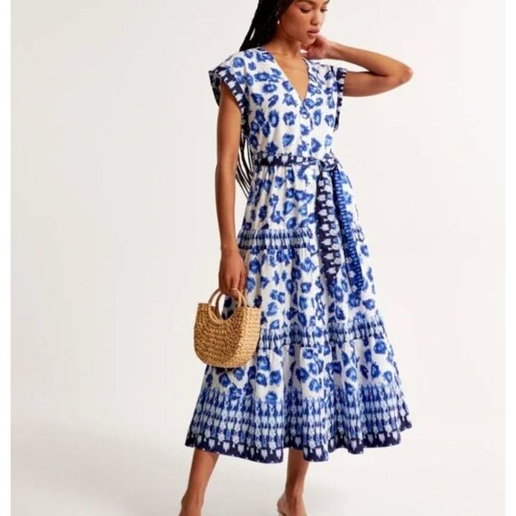 Abercrombie Tiered Tie Waist Blue White Pattern Midi Sundress Large Petite - Picture 1 of 9